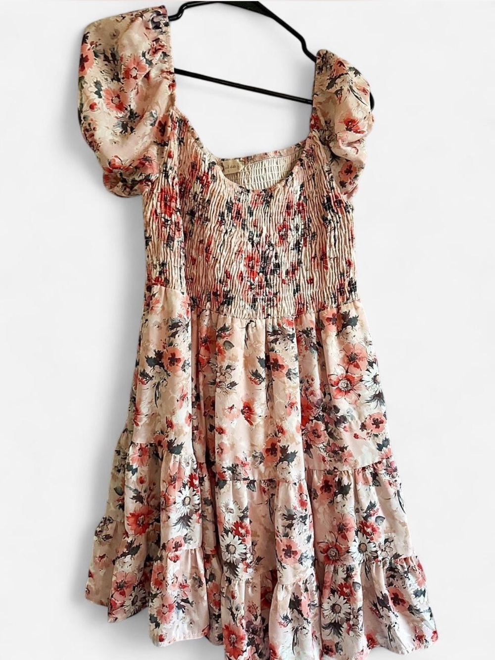 Altar'd State Floral Puff Sleeve Dress in Blush and Coral